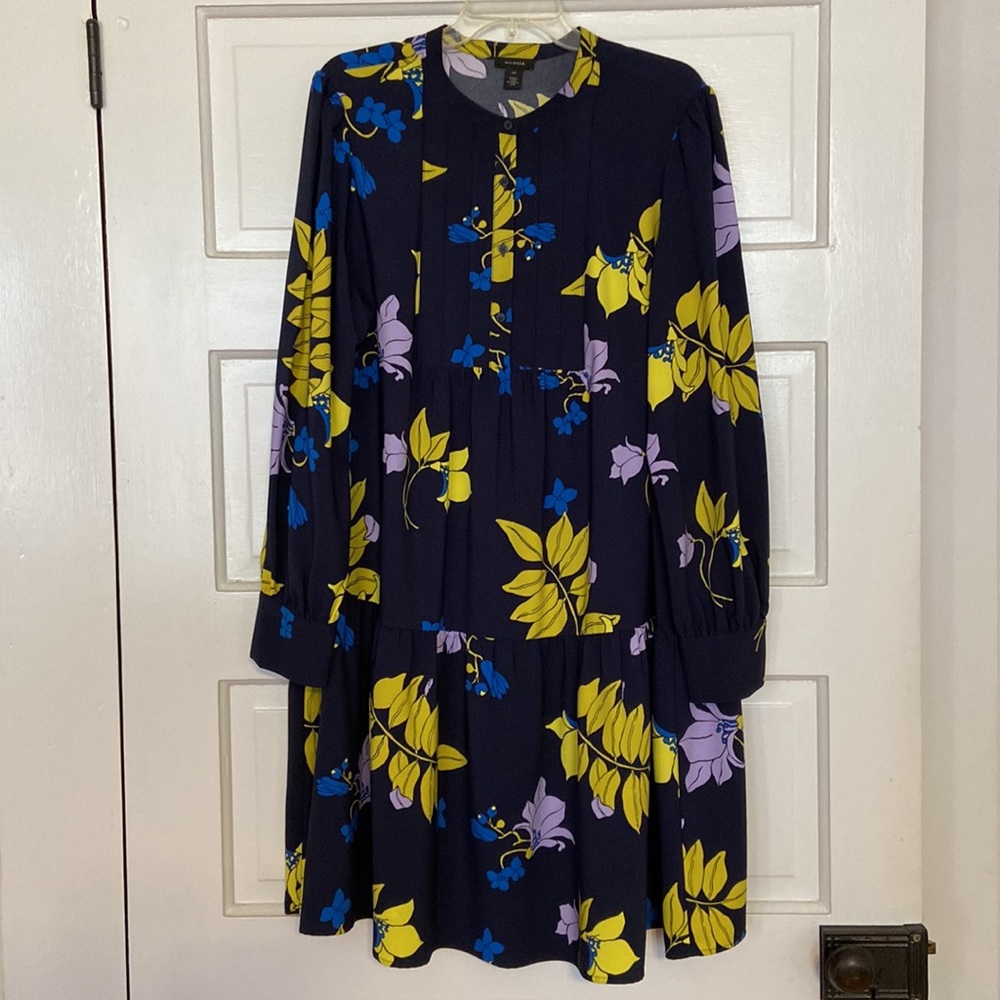 Halogen, Navy, Yellow Royal Blue and Lilac Floral, Long Sleeve Dress, Size XXL
